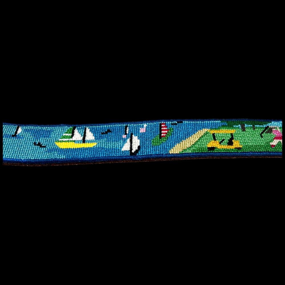 Needlepoint Leather Belt Size 38 Hand stitched Summer Fun Golfing Boating Home - Picture 7 of 12